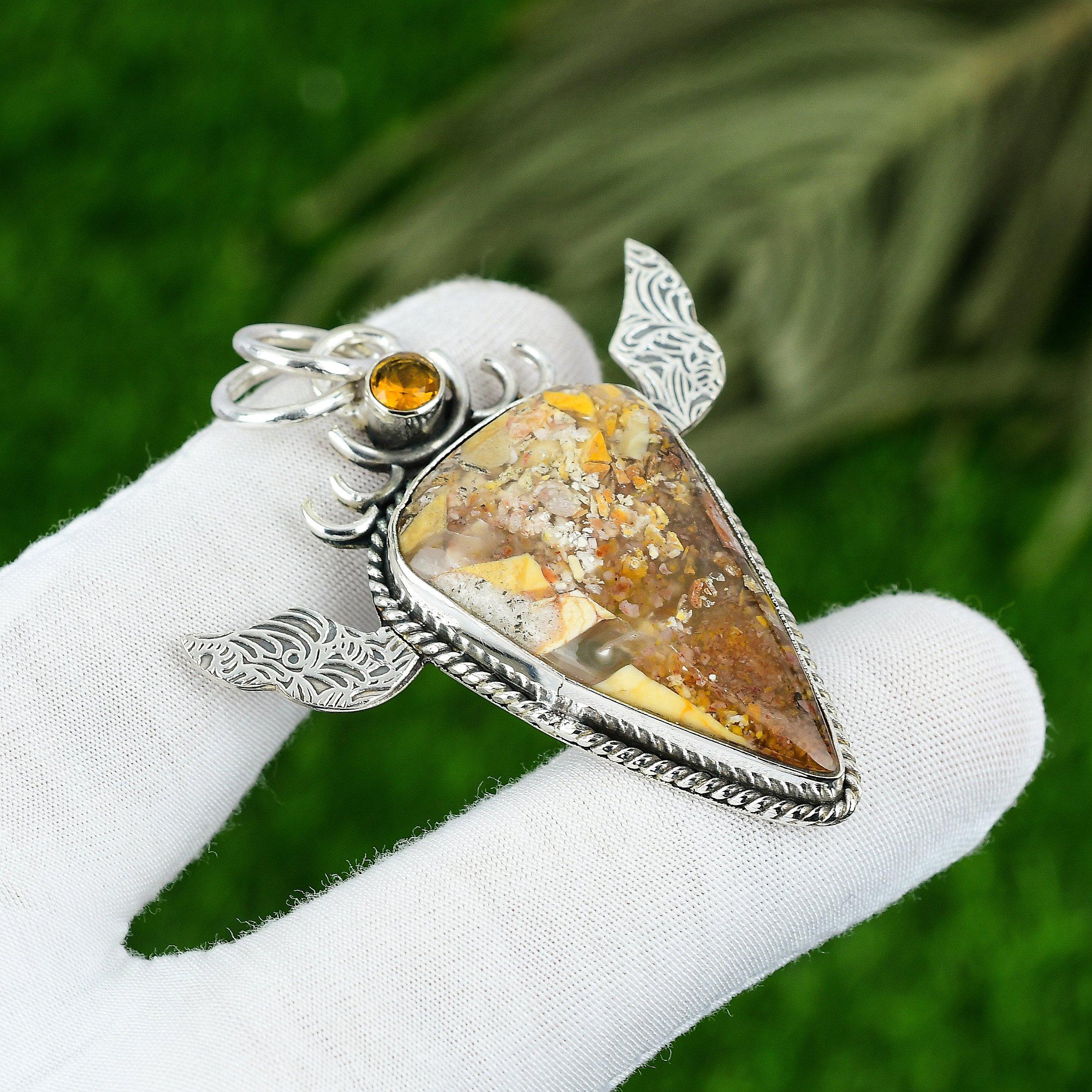 

Sterling Silver Pear Brecciated Mookaite Gemstone Citrine Mother Boho Pendant
