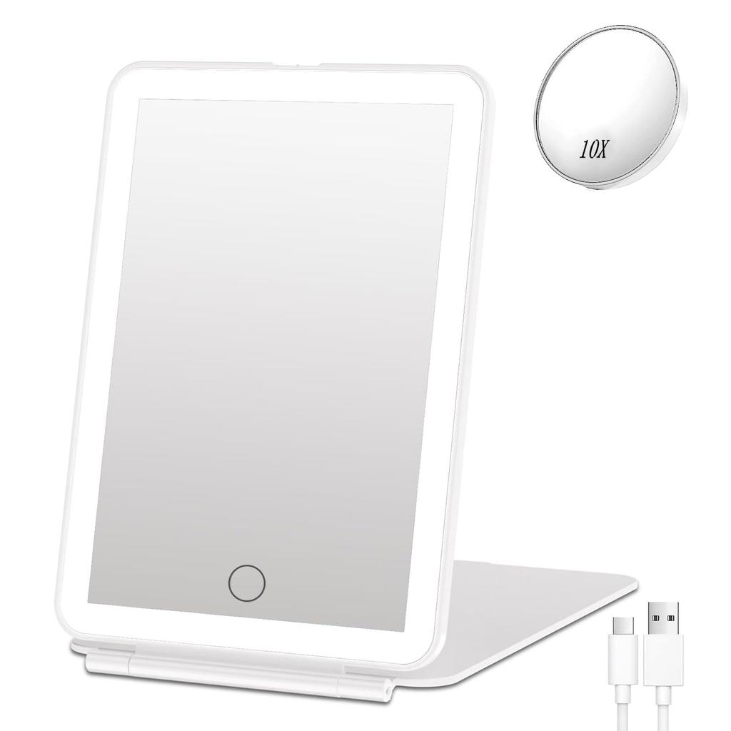 Folding Tabletop Makeup Mirror with LED 10x Adjustable 1000mAh High USB and Easy Storage 3-Color Lights, Magnification, Angle, Capacity, Rechargeable,