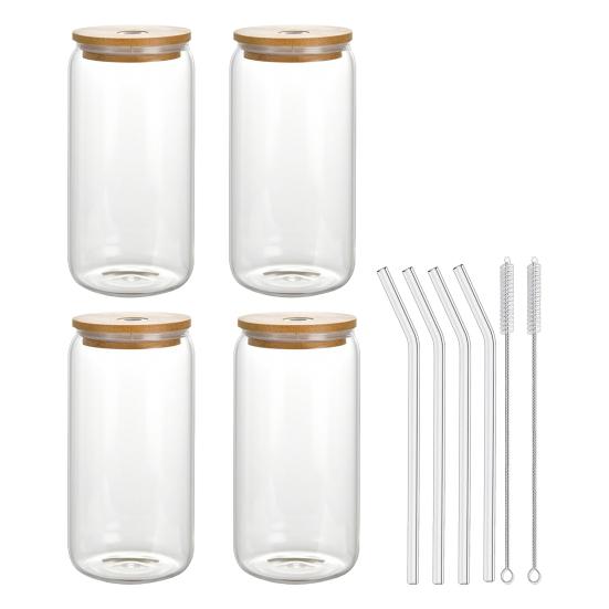 Trendy Mason Jar Tumbler Glass Straw Cup with Wood Lid for Cold Drinks 500ml Borosilicate Cup for Soda & Bubble Tea