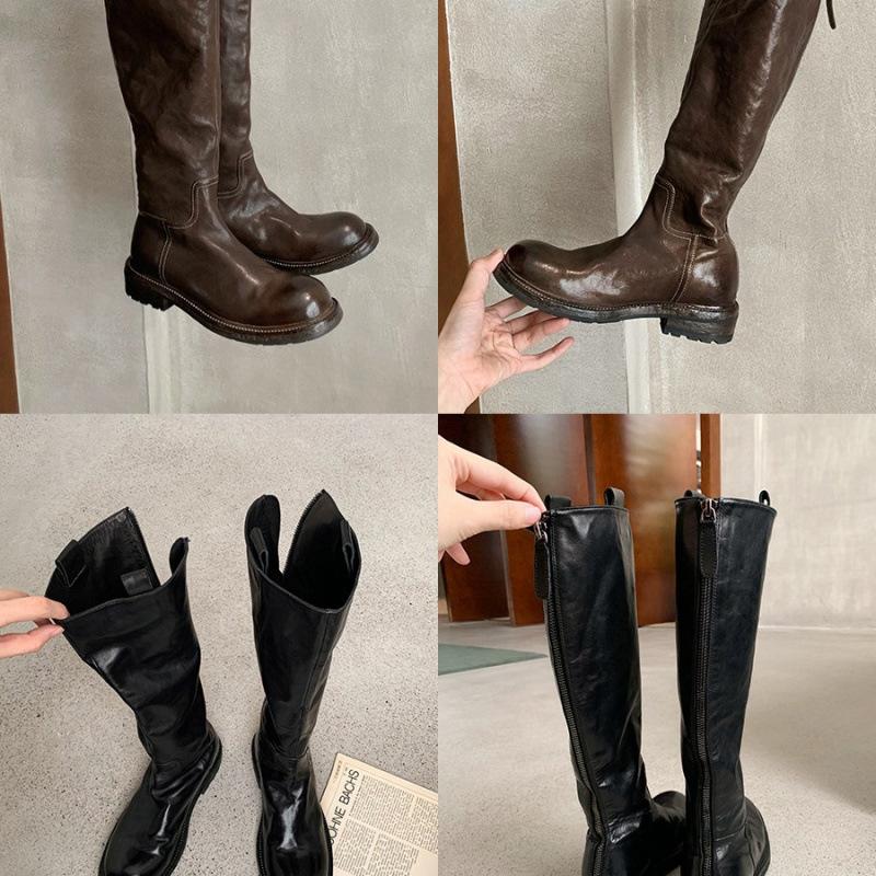 

Retro Washed Horse Skin High Tube Skinny Medium Long Boots Thick Heel Thick Sole Knight Boots Women 34