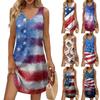 Women's Summer Casual Sun Skirt With Pocket V-Neck Independence Day Printed Loose Vest Dress