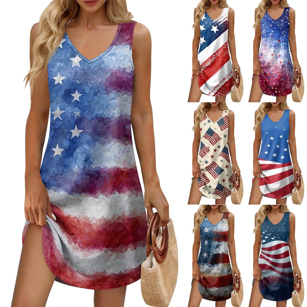 Women's Summer Casual Sun Skirt With Pocket V-Neck Independence Day Printed Loose Vest Dress