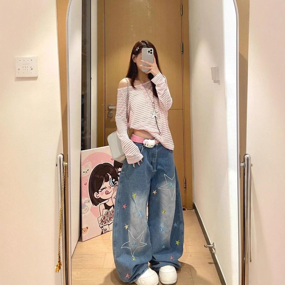 Women's High Waist Wide Leg Jeans Loose Fit Star Embroidery Vintage Washed Denim Pants Streetwear Trousers