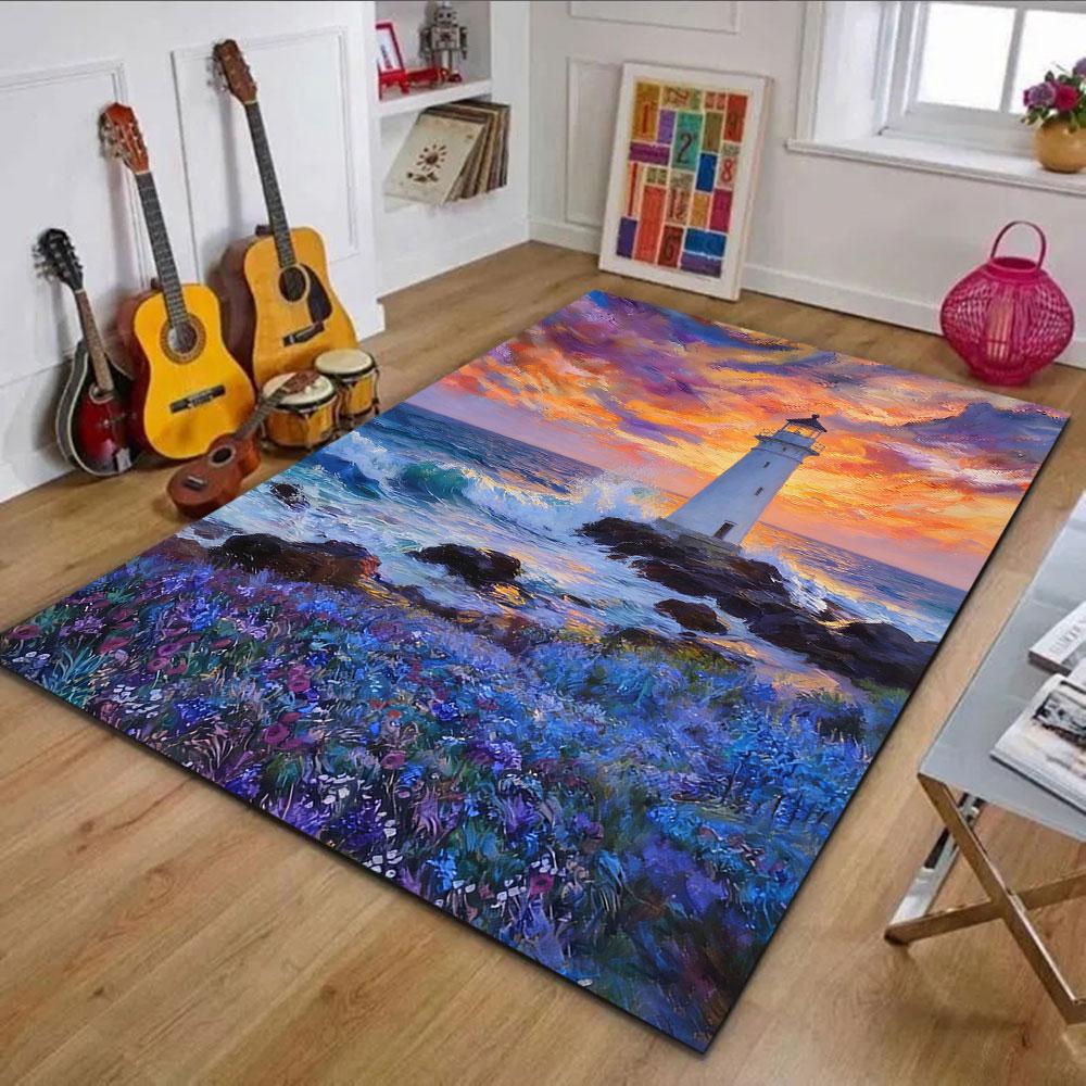 Lighthouse Sunset Over Waves Patterned carpet, non slip mat suitable for living room and bedroom sofas
