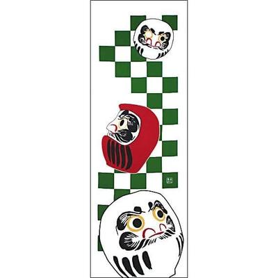 Sen No Anbo Tenugui "Daruma 3" - Hand-dyed 100% Cotton Tokka, Made In Japan (35cm X 100cm) - White with Green Ichimatsu Pattern, Featuring Daruma