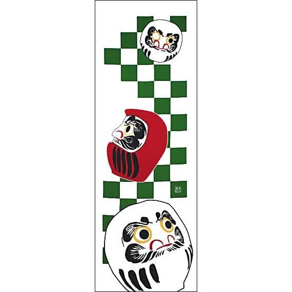 Sen no Anbo Tenugui Daruma 3 - Hand-dyed 100% Cotton Tokka, Made in Japan (35cm x 100cm) - White with Green Ichimatsu Pattern, Featuring Daruma
