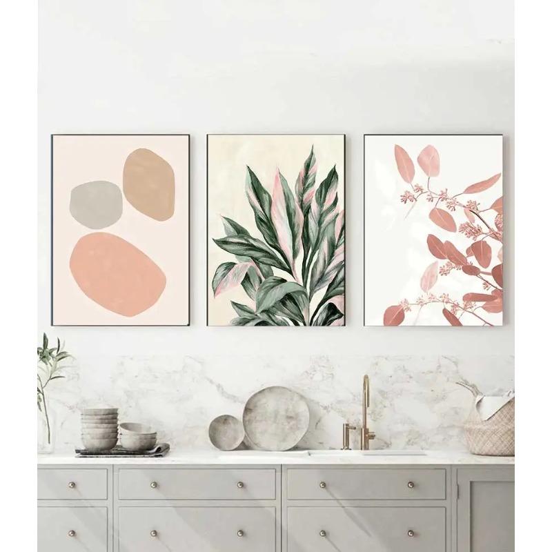 Pink & Green Geometric Abstract Canvas Poster, Minimalist Plant Leaf & Floral Wall Art Prints for Living Room Home Decor