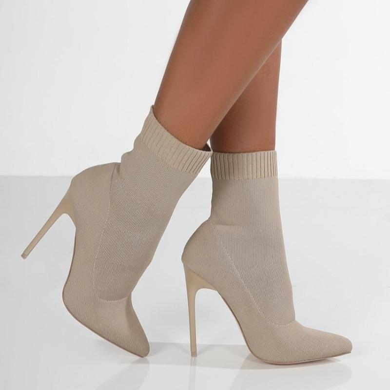 2026 Autumn Luxury Women Beige Sock Boots Exotic Dancer High Heels Stiletto Boots Winter Fashion Stretch Fabric Boots Plus Size