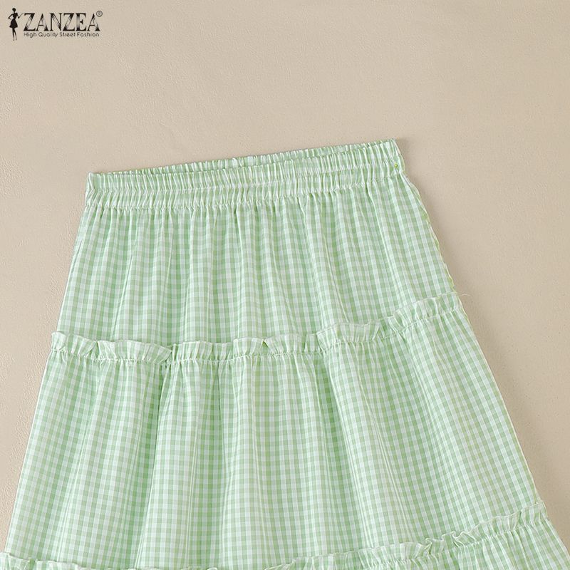 ZANZEA Women Casual Elastic Waist Loose Plaid Print Long Skirts