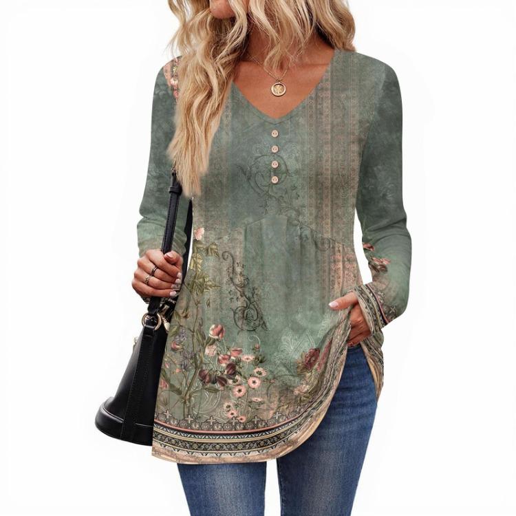 Retro Floral Print Long Sleeve Top Women Casual V Neck Button Blouse