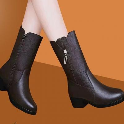 Women's Winter Mid-Calf Boots 2025 Chunky Heel Ankle Soft Leather Versatile Dress Shoes for Mothers Autumn/Winter