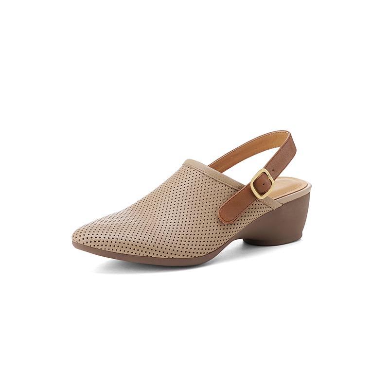 Fashion New Split Leather Summer Sandals Round Toe Sandals for Women Chunky Heels Fashion Hollow Out Sandals Breathable Ladies Shoes