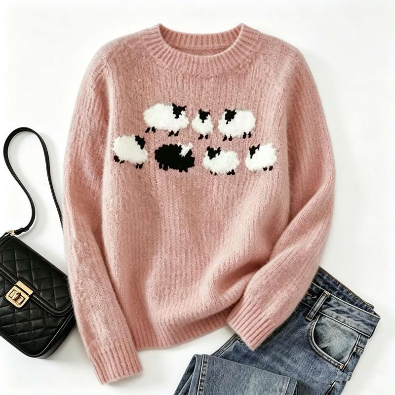 Women's European Retro Fair Isle Long Sleeve Color Block Knitted Sweater Top