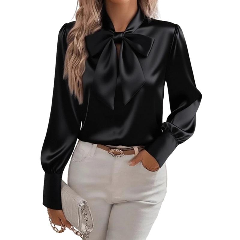 Damen Satinshirt mit Schleifenkragen und langen Ärmeln