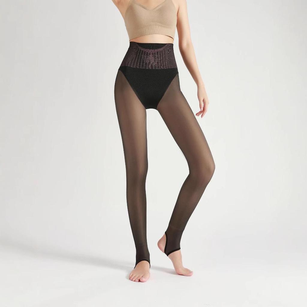 Huaxianzi High Waist Black Silk Tummy Control Leggings with Bare Leg Effect & Fleece Lining