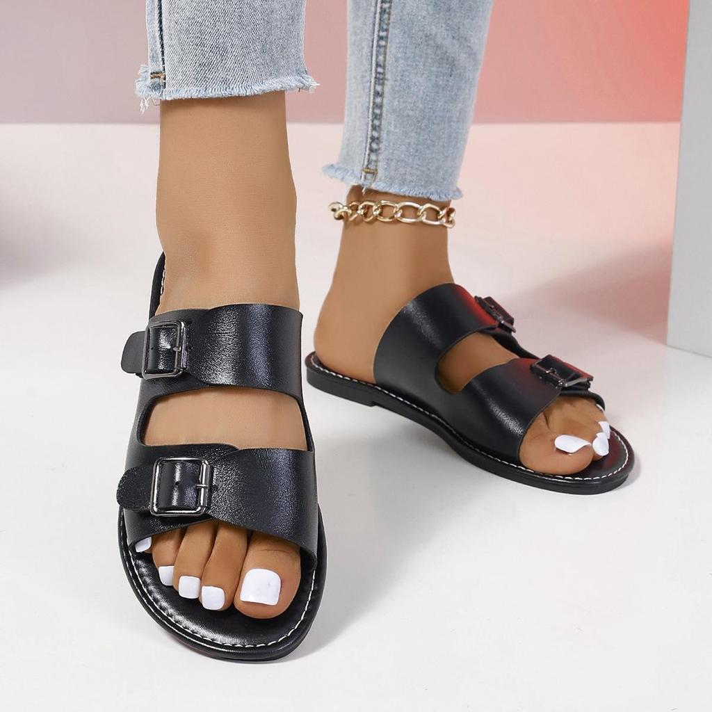 Retro Plus Size Women's Buckle Flip Flops - Open Toe Beach Sandals