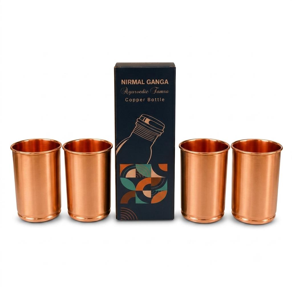 Nirmal Ganga Plain Copper Drinking Glass (Pack of 4) | Pure Copper Water Tumbler | Traditional Reusable Drinkware