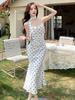 White Polka Dot Bodycon Spaghetti Strap Dress for Women - Summer French Style
