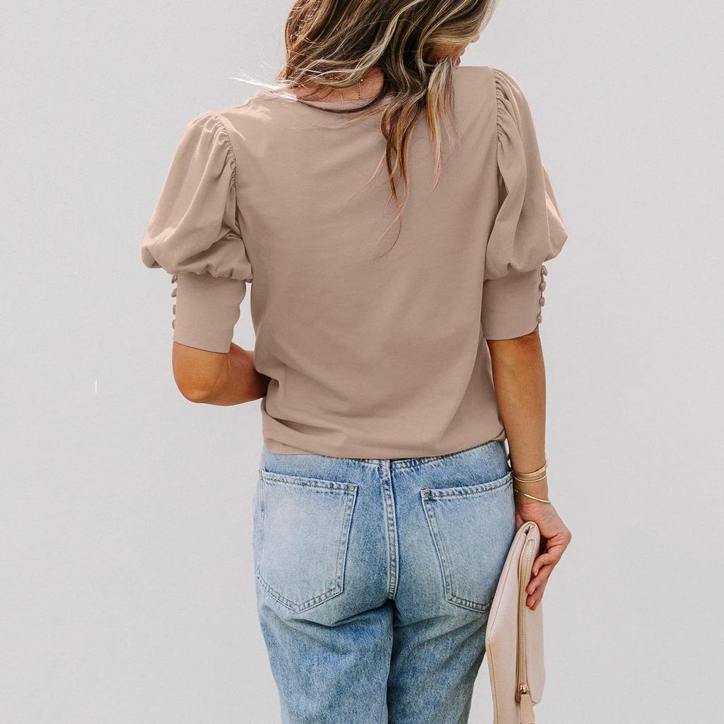 Women's Short Sleeve T-Shirt Round Neck Solid Colour Button Pullover Blouse Top Casual Undershirt