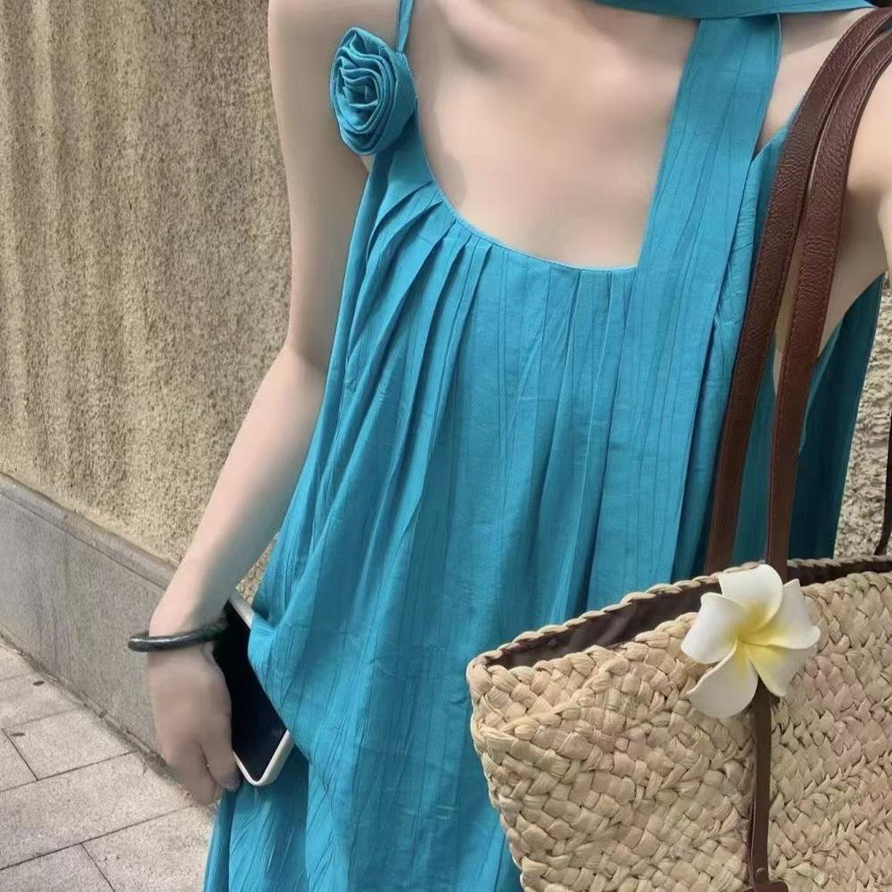Seaside Beach Dress To Ankle Super Long Holiday Style Tall Loose Pleated Suspender Dress Summer