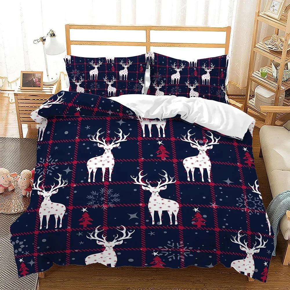 Navidad Plaid Merry Christmas Tree Duvet Cover Twin King Festival Santa Deer Bedding Set Polyester Quilt For Adults Home Decor