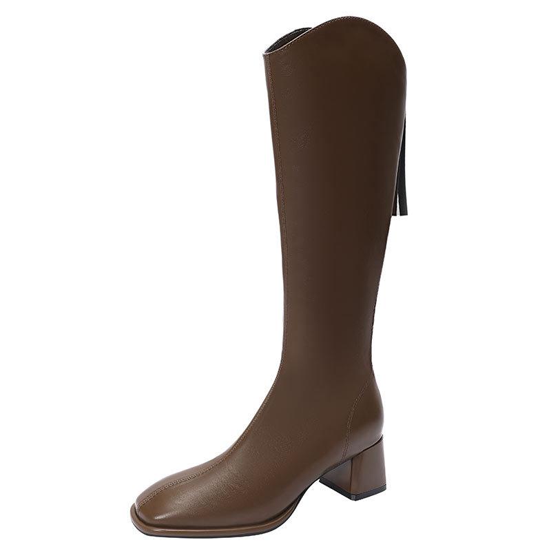 But Knee Boots Women's 2025 New Autumn and Winter High-heeled Thin V-mouth Boots Thick Heel Brown Square Head High Boots