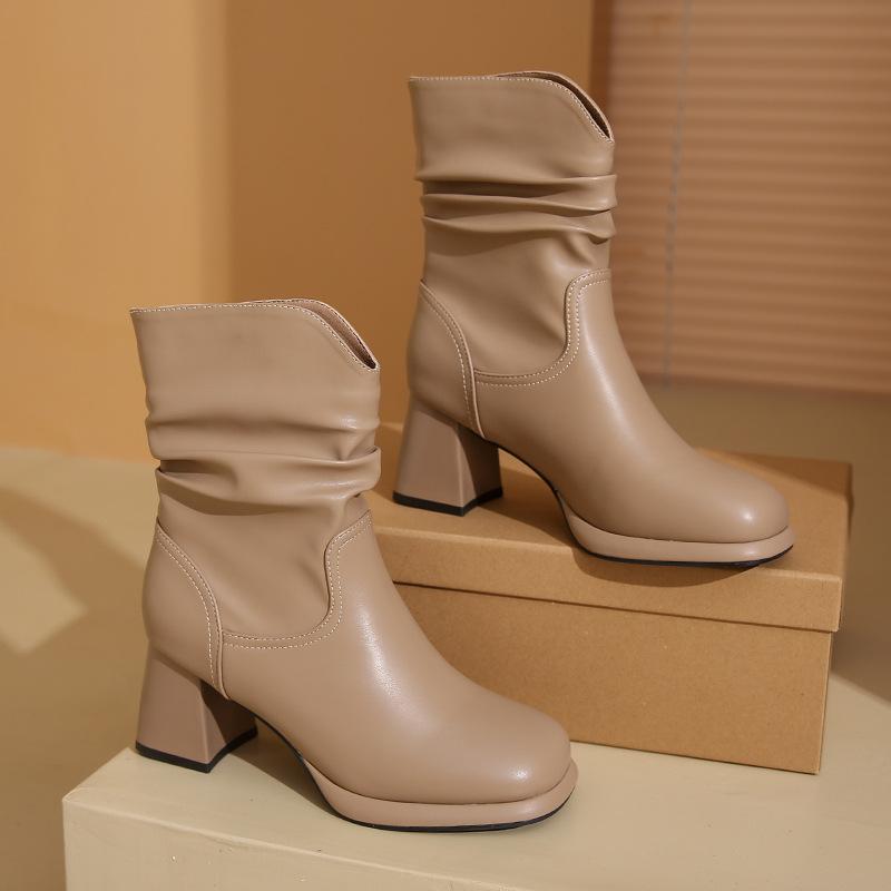 

Martin boots women s 2024 British style short tube v-mouth thick heel thin boots pleated stacked locomotive short boots 40