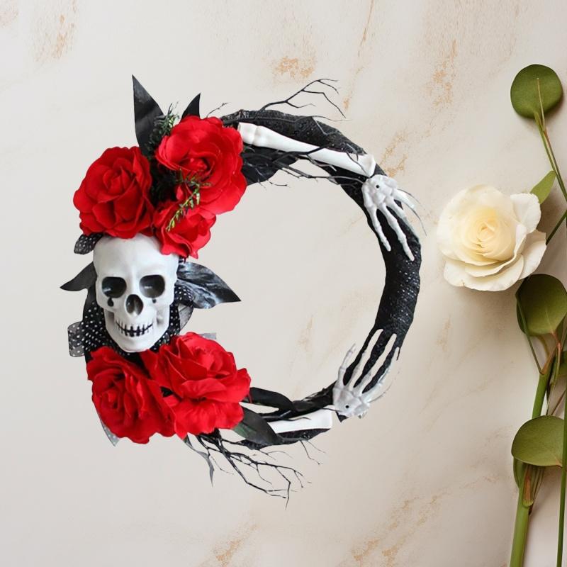 1pc 15in Rose Flower Skull Halloween  Gothic Black Halloween Decorations for Indoor Outdoor Window Hanging Ornament