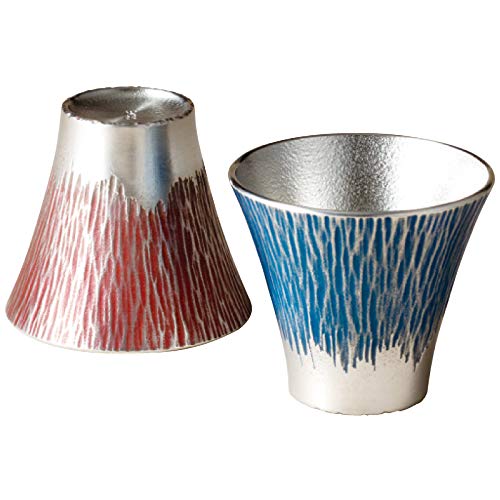 Osakasuzuki Tinware Mount Fuji Sake Cups (Red  Blue) Pair