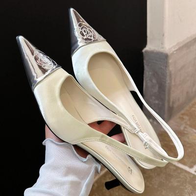 Sandalo Donna Fiorito Punta Acuta Alta Qualità Cinturino Posteriore Basso Tacco Sottile Sandali a Infradito Moda Estiva Comodo Scarpa di Design