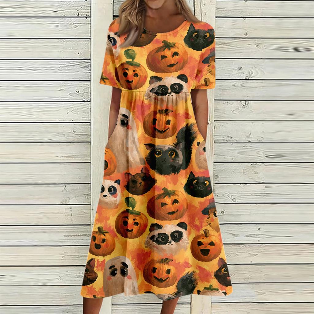 Damen Freizeitkleid mit Halloween-Print, Rundhalsausschnitt und Taschen für Partys
