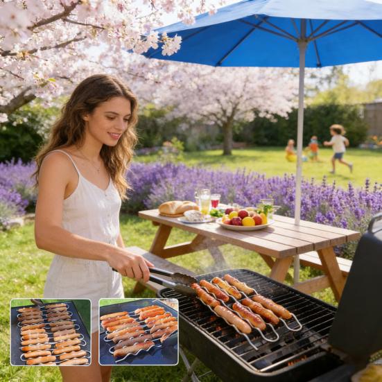 BBQ Sausage Roller Rack Hands-Free Rolling Grill Rack Even Cooking Grill Accessory for BBQ Camping Tailgating Outdoor Use