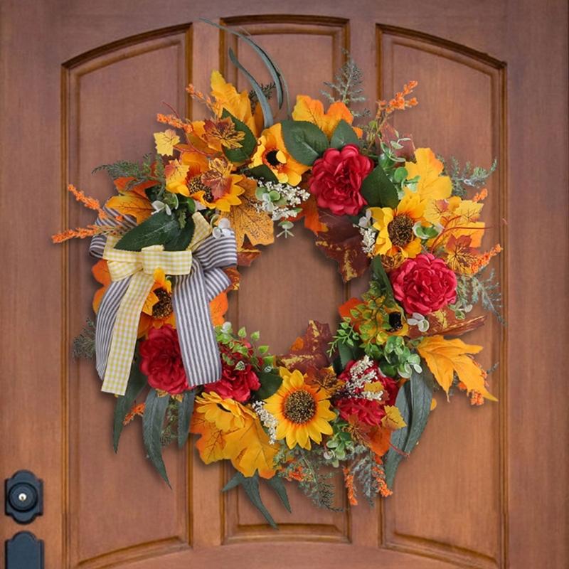Höst Dörrkrans Höstskördekransar För Ytterdörr Höst Gårdskrans Med Solrosor Och Lönnlöv För Utomhusbruk