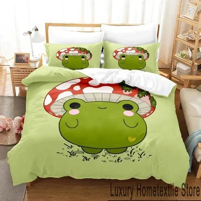 Cartoon Cottagecore Frog Mushroom 3D Bedding Set Duvet Cover Bed Set Quilt Cover Pillowcase Comforter King Queen Size Boys Adult