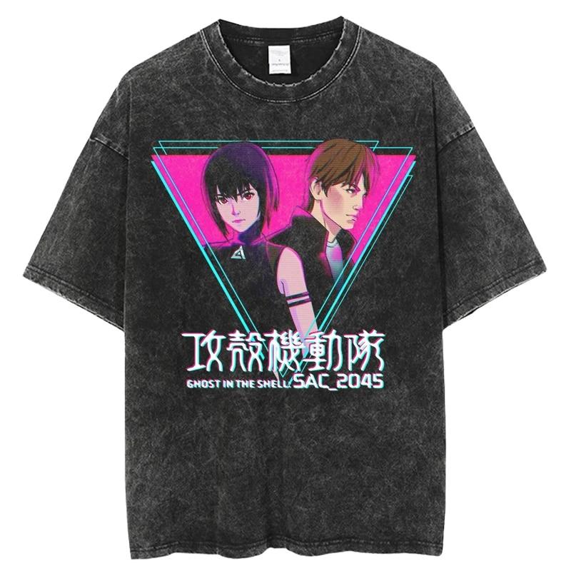 Modisches Ghost in the Shell Anime-T-Shirt mit verwaschenem O-Ausschnitt und kurzen Ärmeln für Damen, Schwarz, übergroß, lässig, Hip-Hop-Top