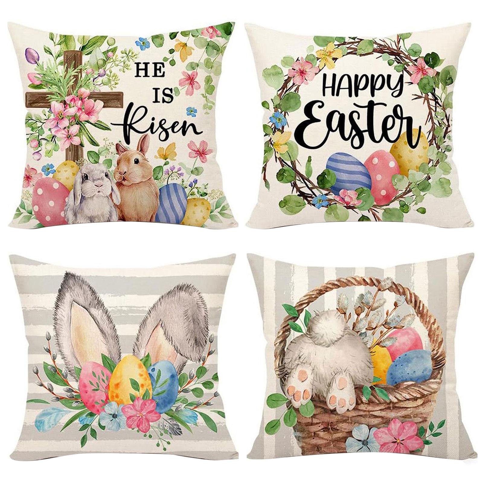 4pcs Easter Bunny Eggs Throw Pillow Covers 18x18In Easter Cushion Covers He Is Risen Bunny Floral Eggs Farmhouse for Sofa Couch 3640₽
