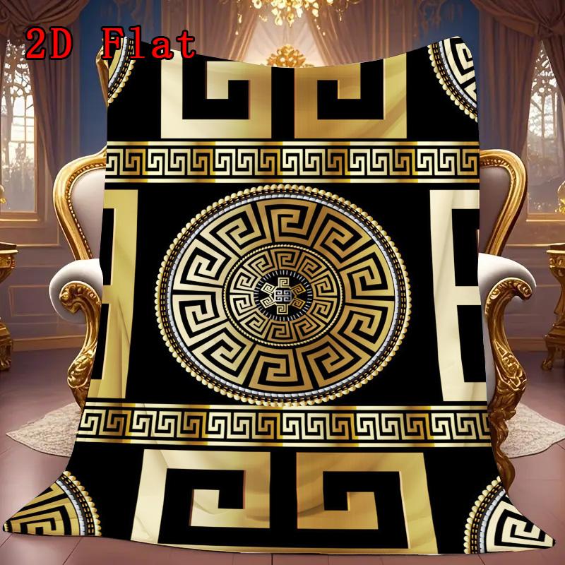 Gold Greek Key Pattern 2D Flat Pattern Flannel Blanket High Quality All Seasons Warmth and Comfort Perfect for Christmas Gifts.MMT0918321