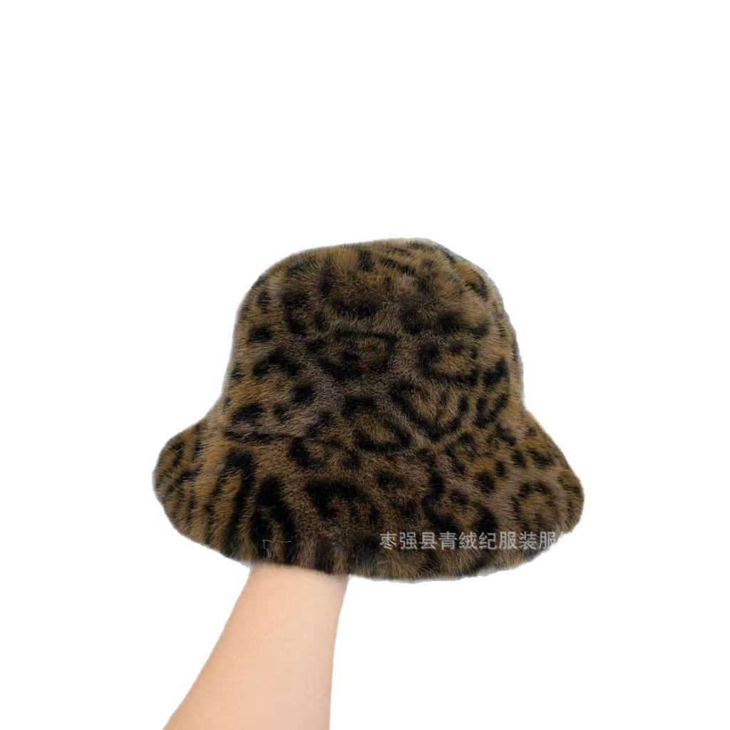 Retro leopard print imitation mink hair bucket hat female, autumn and winter thickened plush basin hat, Hong Kong style atmosphere warm hat