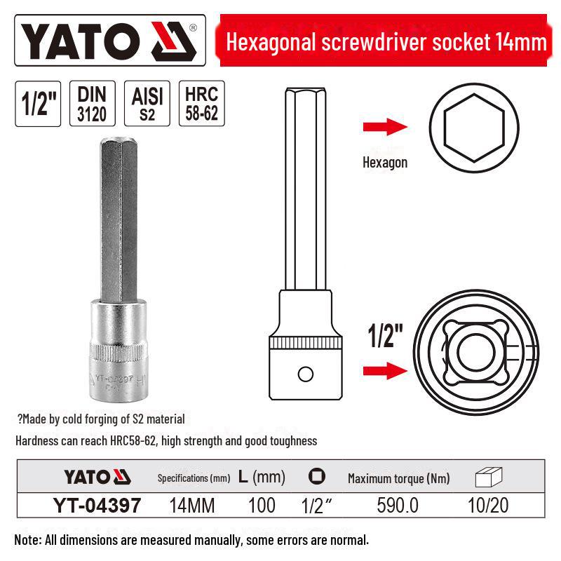 YATO 1/2" Hex Screwdriver Socket Set, S2 Batch Head, Chrome Vanadium Steel