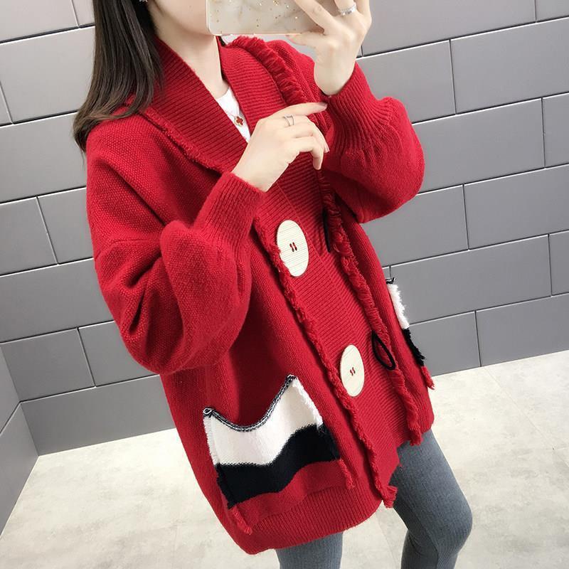 

Осенне-зимний кардиган-свитер в стиле колор-блок - Женский вязаный трикотаж свободного кроя в корейском стиле 3XL 135-150 lbs