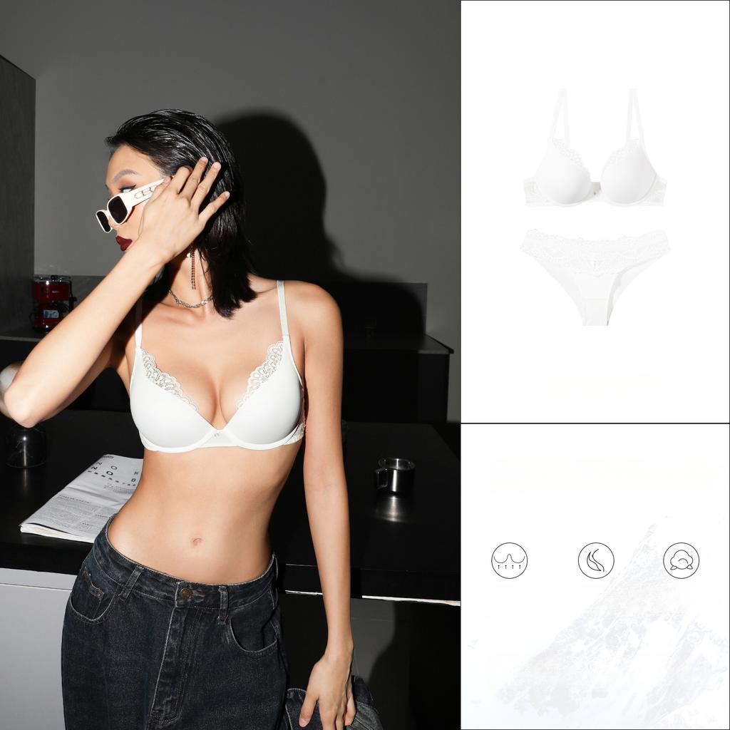 Sexy Lace Women Underwear Set Shiny French Push Up Bra Set 3/4 Cup Plus Size Underwire Brassiere Deep V Lingerie and Panties