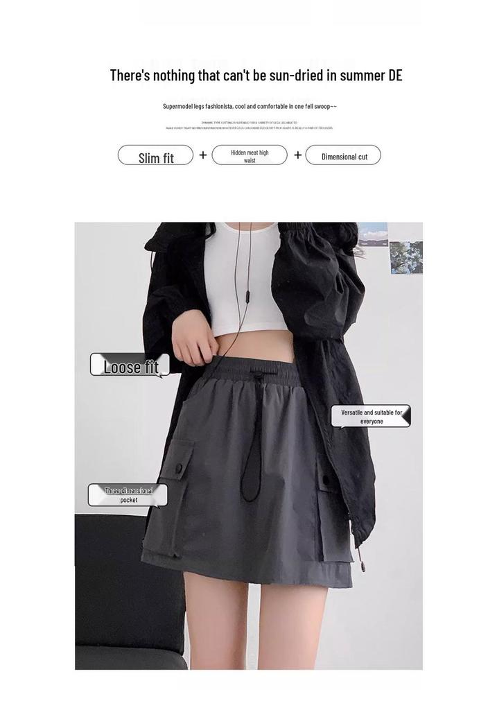 Women's High-Waisted Gray A-Line Quick-Dry Skort - Summer Slim-Fit Petite Wide-Leg Design