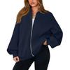 Women's Fashion Long Sleeve Solid Color V-Neck Loose Oversize Zipper Jacket