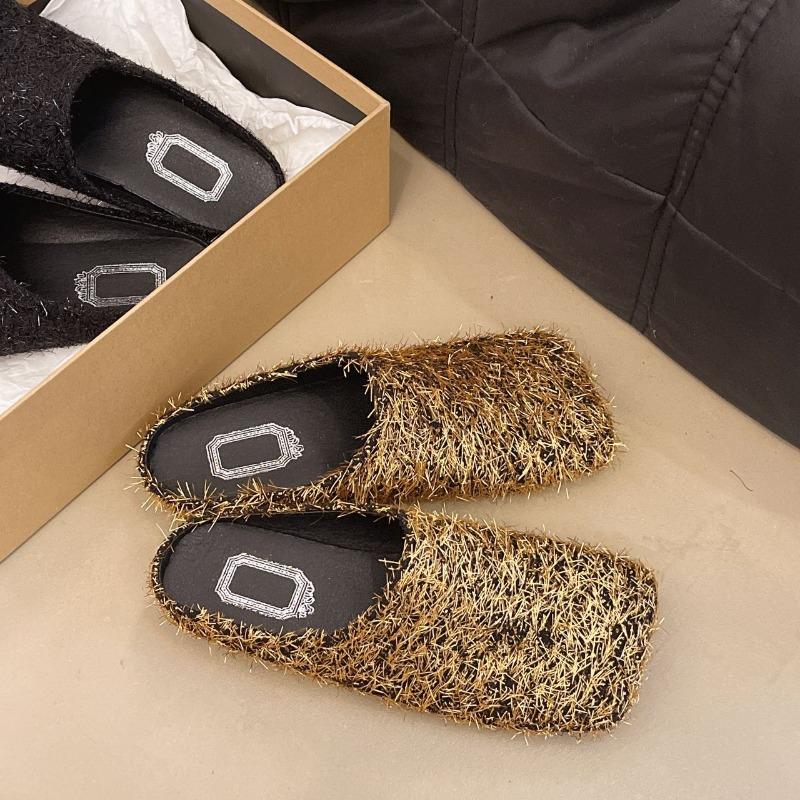 

Retro square head felt bag head half slippers women s spring new outer wear lazy one pedal thick-soled slippers tide 42 золотой