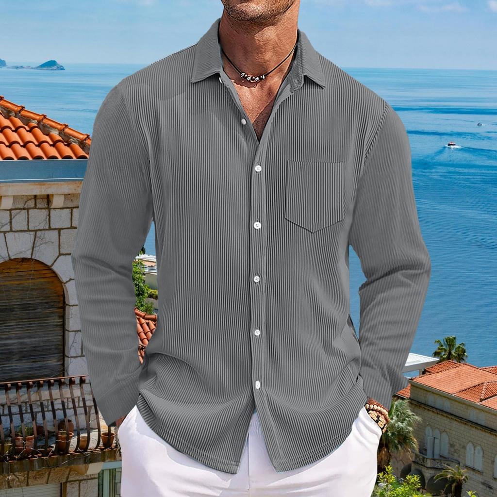Men's Cotton Shirts Long Sleeve Casual Button Down Textured T-Shirt Loose Vacation Beach Lightweight Topsrt