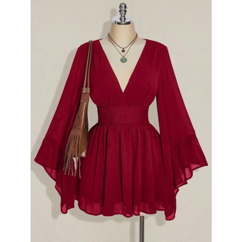European and American new deep V waist dress, horn sleeve short fashion mesh sexy solid color skirt