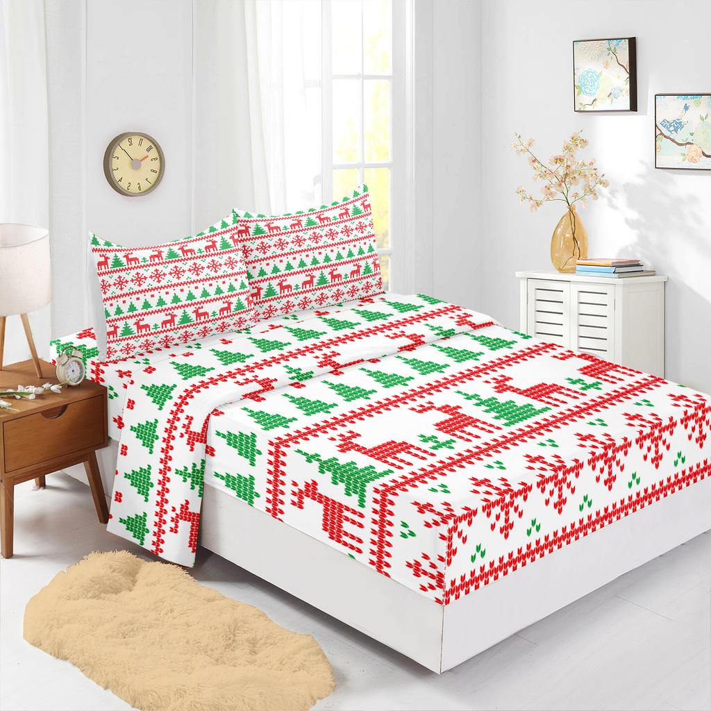 Four-Piece Mattress Set Christmas Bedding Printed Mattress Protective Cover