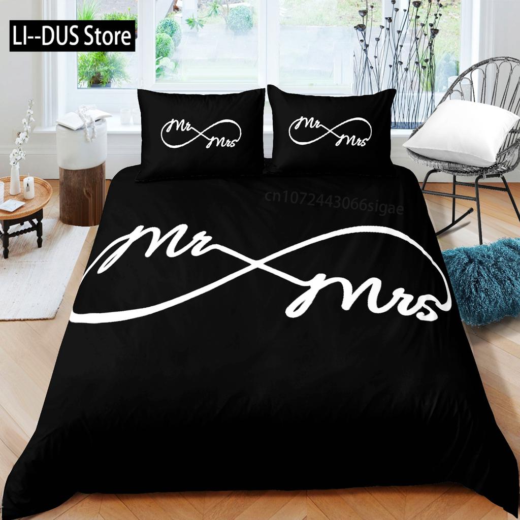 Herr und Frau Bettbezug-Set Queen-Size Schnurrbart Rote Lippen Paar Romantisches Thema Bettdeckenbezug für Liebhaber Mikrofaser Bettwäscheset