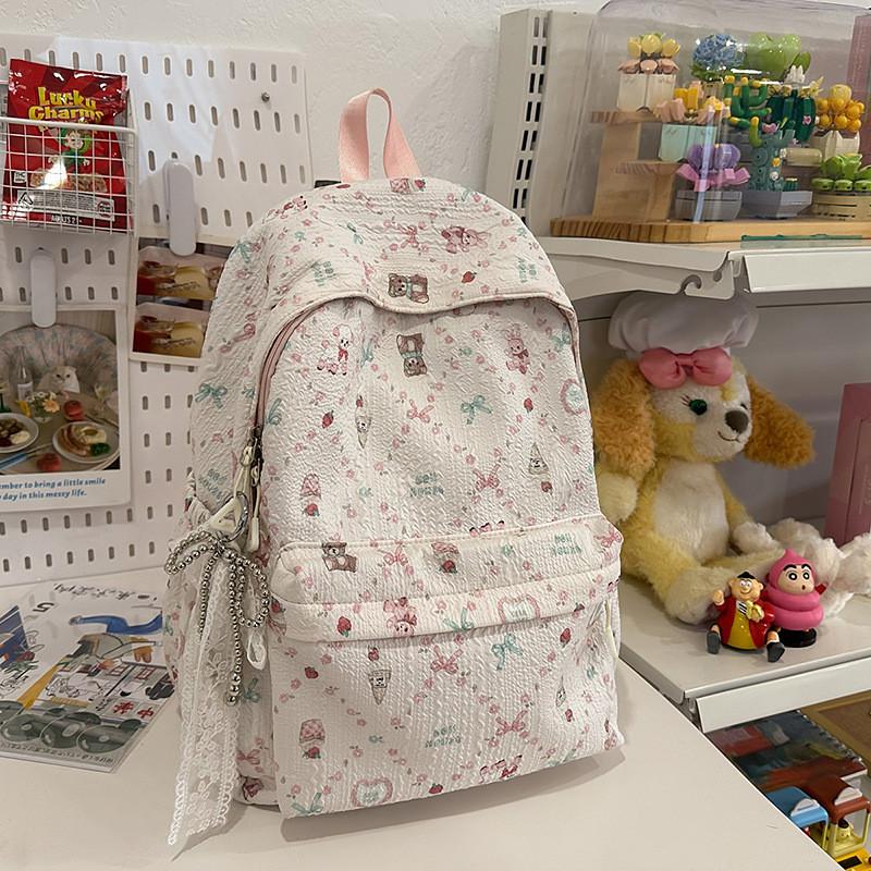 Little Bear Floral Print Youthful Nylon Student Backpack With Breathable Design For Daily Use
