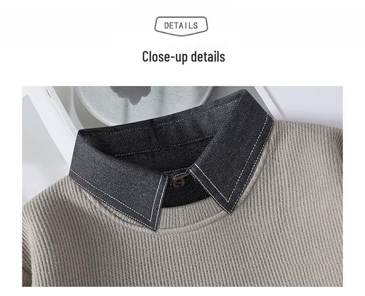 Herren Neuankunft Revers 2-in-1 Langarm Einfarbig Plus Samt Dick Gestrickter Pullover